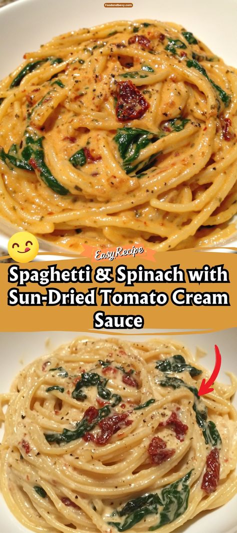 Spaghetti & Spinach with Sun-Dried Tomato Cream Sauce via @recipesforfamily12 Easy Flavorful Pasta Recipes, Pasta With Sun Dried Tomatoes Spinach, Spaghetti And Spinach Sun Dried Tomato, Spinach And Sun Dried Tomato Pasta, No Sauce Spaghetti Recipes, Hearts Of Palm Angel Hair Pasta Recipes, Sundried Tomato And Spinach Pasta, Pasta Dinner Recipes No Meat, Recipes That Use Sun Dried Tomatoes