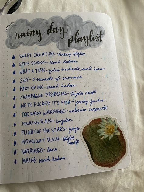 Rain playlist journal page Playlist Journal Page, Rain Playlist, Rainy Day Playlist, Playlist Journal, Rain Journal, Summer Journal, Journal 2024, A6 Notebook, Kpop Journal