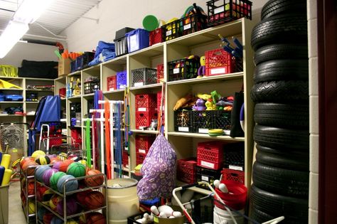 Pe Equipment, Teacher Storage, Sports Equipment Storage, Recessed Storage, School Storage, Pe Ideas, School Equipment, Physical Education Teacher, Shed Organization