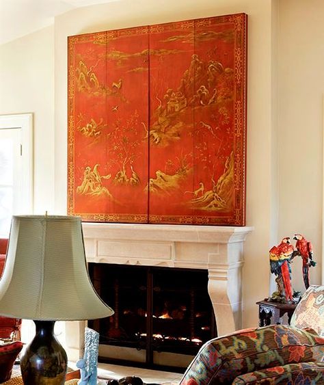 RL Goins Red Coromandel Screen - hide the TV #chinoiserie Hide Tv Over Fireplace, Concealed Tv, Tv Cover Up, Screen Interior, Hide Tv, Cookies Art, Tv Over Fireplace, Tv Ideas, Tv Covers