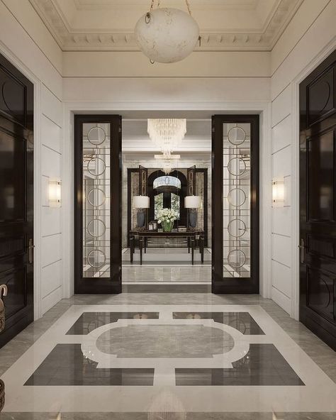 LOBBY Entrance Foyer Flooring, Home Lobby Design Entrance, Lobby Design House, Classic Foyer, Gatsby House, Luxury Marble Flooring, House Hall Design, Apartment Lobby, Foyer Flooring