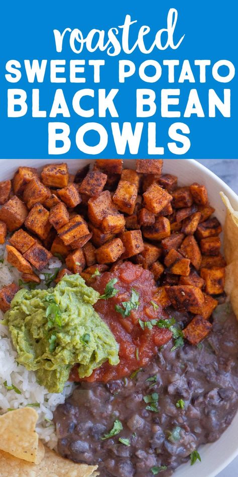 These Roasted Sweet Potato and Black Bean Burrito Bowls are easy to make, flavorful and super filling! Serve with chips or tortillas for a meal. Homemade refried black beans give these bowls extra flavor and they are great topped with salsa and guacamole. #burritobowls #veganrecipe #sweetpotato #easydinner #chipotlecopycat Black Bean Veggie Bowl, Sweet Potato Black Bean Bowl, Burrito Bowl Black Beans, Quinoa Sweet Potato Black Bean, Sweet Potato And Black Bean Burrito Bowl, Sweet Potato Burrito, Black Bean Burrito, Lazy Dinners, Burrito Bowls Recipe