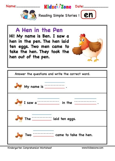 Educational Worksheets Preschool through Grade 3 Kindergarten Comprehension Worksheets, Hen Activities, Cvc Reading, Word Family Reading, Comprehension Kindergarten, Expand Vocabulary, English Poems For Kids, Teaching Empathy, Phonics Worksheets Free