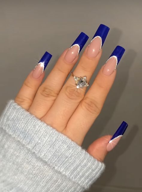 Nails 2023 Trends Latina, Royal Blue V French Tip Nails, Royal Blue Acrylic Nails Sweet 16, Royal Blue French Tip Nails With Rhinestones, Navy Blue French Tip Nails Coffin, Blue French Tip Nails Long, Royal Blue Nails Designs Square, Blue And Silver French Tip Nails, Nails Acrylic Blue French Tips