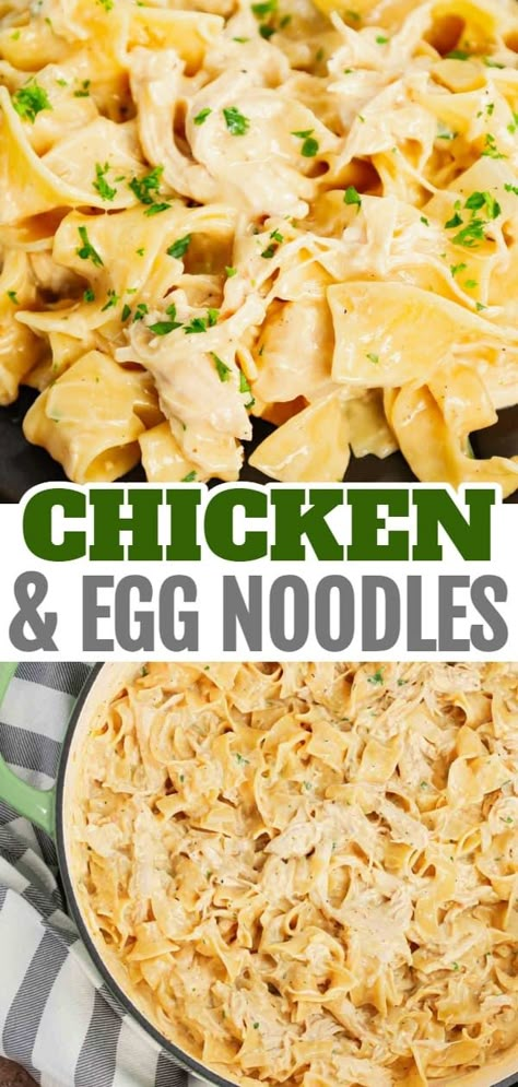 Chicken and Egg Noodles is a simple comfort food dish made with shredded rotisserie chicken, extra broad egg noodles, diced onion, cream of chicken soup and milk. Cream Chicken And Noodles, Diced Chicken Dinner Recipes, Easy Dinner Recipes For Family Rotisserie Chicken, Shredded Chicken Egg Noodles, Egg Noodles Cream Of Chicken Soup, Recipes With Chicken And Cream Of Chicken Soup, Cream Of Chicken Egg Noodle Recipes, Chicken Tetrazzini Egg Noodles, Egg Noodle Cream Of Chicken