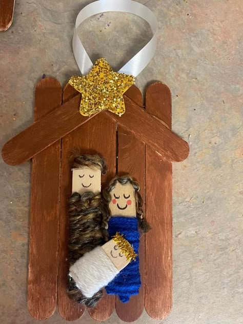 Making Ideas Craft, Christmas Kids Church Crafts, Christmas Crafts For Kids Nativity, Manger Popsicle Stick Craft, Manger Scene Craft For Kids, Kids Nativity Ornament Craft, Popsicle Stick Nativity Craft, Toddler Christmas Crafts Nativity, Popsicle Stick Manger Craft