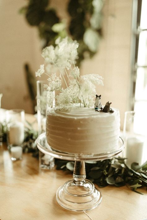 The groom's mother made this couple's wedding cake and added cute figurines of their cats as toppers! | Image by Sarah Ascanio Photography Small Wedding Ceremony, Wedding Cake Centerpieces, Wedding Cake Options, Dinner Table Centerpieces, Small Weddings Ceremony, Small Wedding Cakes, Black Wedding Cakes, Individual Cakes, Fresh Flower Cake