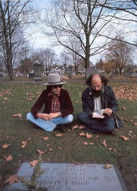 Beat Poems On The Road | Bob Dylan snd Allen Ginsberg on the grave of Jack Kerouac. | Facebook Baba Vanga, Billy The Kid, Allen Ginsberg, Beat Generation, Rolling Thunder, People Reading, Jack Kerouac, Writers And Poets, I'm With The Band