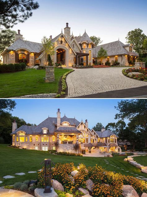 Luxury Stone Mansion with Elegant Curb Appeal Estates Home Mansions, Big Country Homes, Farmhouse Mansion Exterior, One Story Mansion, Mansion With Garden, Farm Mansion, Tropical Mansion, Rustic Mansion, Huge Front Porch