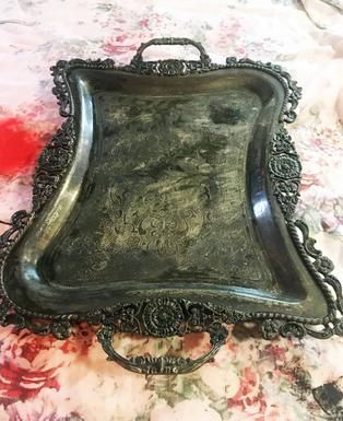 How to Upcycle a Vintage Serving Tray Using Decoupage Metal Trays Repurpose, Decoupage Wooden Tray, Silver Platters Repurpose Diy, Silver Plated Trays Repurposed, Silver Serving Tray Decor Ideas, Silver Tray Makeover, Silver Tray Repurpose, Metal Tray Makeover, Metal Tray Decor Ideas