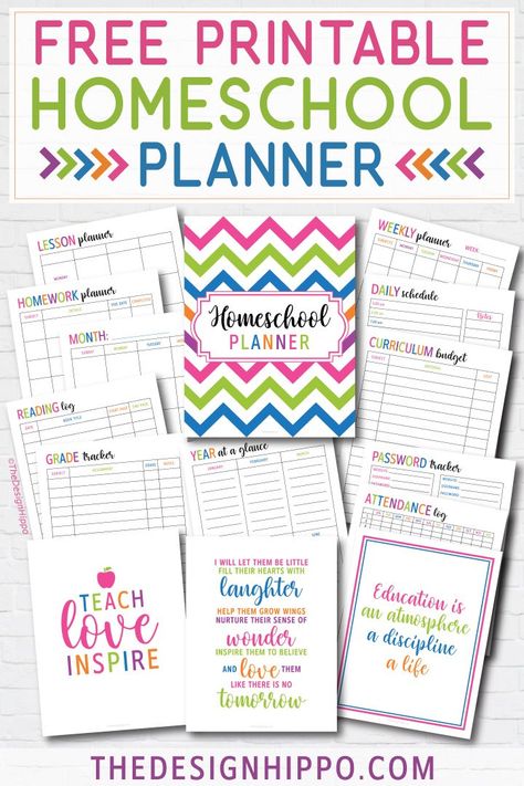 Looking for a free homeschool planner printable to get organized? I got you covered with this cute and colorful planner. With cover pages, dividers, monthly, weekly, daily planner pages, lesson planner, reading log, homework planner, grade tracker, year at a glance and more, this free printable is great for year around planning. #freeprintable #organizationalprintable #homeschoolplanner #freeplanner #homeschoolprintable via @thedesignhippo Printable Homeschool Planner, Homework Planner, Grade Tracker, Free Homeschool Printables, Colorful Planner, Daily Planner Pages, Lesson Planner, Homeschool Planner, Homeschool Kindergarten