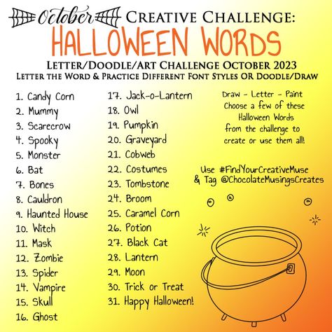 <p>This month’s creative challenge is all about those spooky Halloween words. Halloween Words Challenge List For more tricks about doodling different Halloween-related words, check out these posts! How to Participate: Not sure how to participate in a creative challenge? No worries. These are not hard or fast rules – the challenge is meant to inspire […]</p> <p>The post <a rel="nofollow" href="https://chocolatemusings.com/creative-challenge-halloween-words/">Creative Challeng... Calligraphy Challenge, Halloween Calligraphy, Spooky Words, Challenge List, Lantern Drawing, Halloween Challenge, Word Challenge, Different Font Styles, Crayola Markers