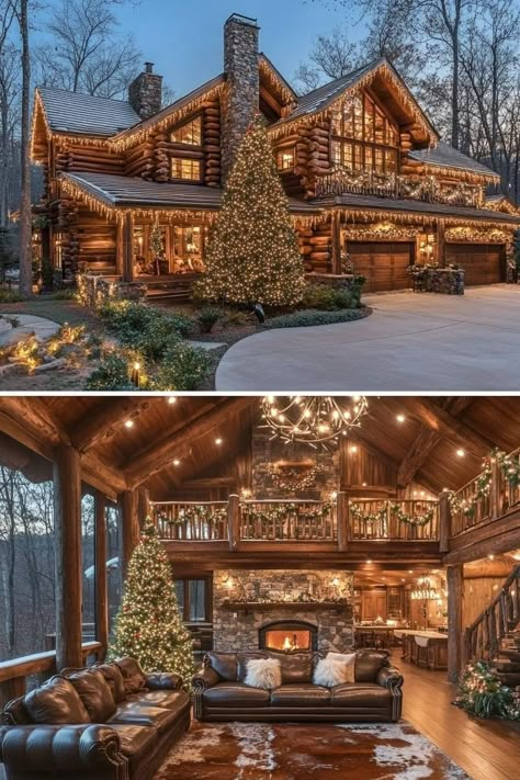 Country Homes Aesthetic, Beautiful Cabin Interior, Beautiful Cozy Homes, Luxury Christmas Decor Interior Design, Fancy Log Cabin, Luxury Cabin Interior, Cabin House Ideas, Christmas Chalet, Cabin Homes Interior