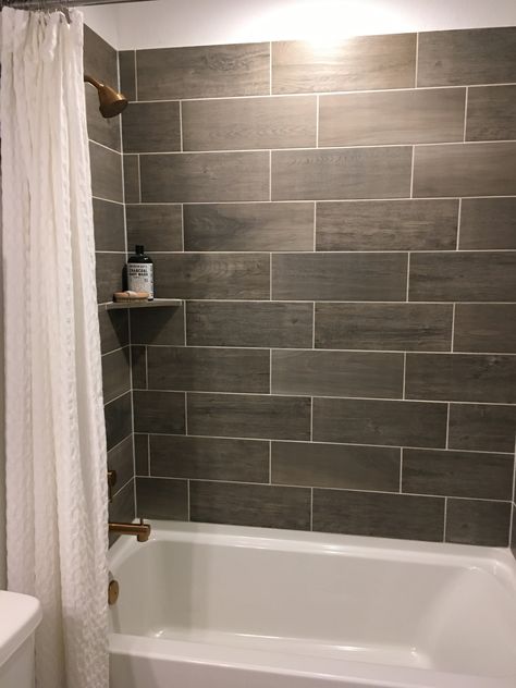 Bathtub Wall Ideas, Bathtub With Tile Surround, Tub Shower Combo Remodel, Bathroom Tub Remodel, Restroom Ideas, Lodge Bathroom, Studio Bathroom, Tub Remodel, Wood Wall Design