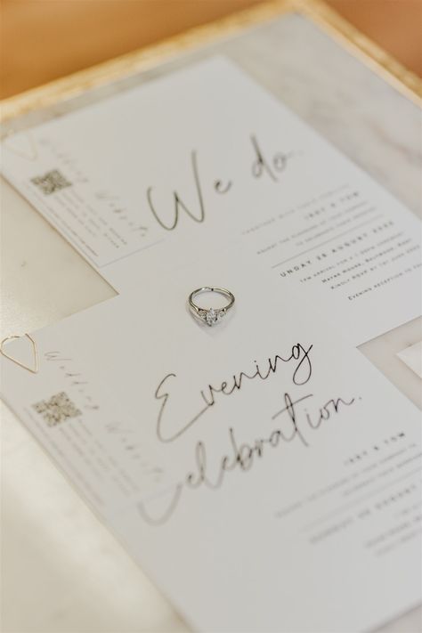 I created our invitations by creating my own template and printing these on textured ivory card. I added a QR code printed on the same card and attached it with a gold teardrop paperclip. This led our guests to a personalised wedding website on WithJoy which held more information about our day. Photo Credit: Shelby Ellis Photography. Wedding Invite Paperclip, Minimal Invitation, Black Invitation, Modern Wedding Invitations, Personalised Wedding, Wedding Invite, Wedding Website, Paper Clip, Personalized Wedding