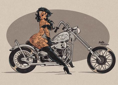 Harley Davidson Pinup Art, Western Pinup Tattoo, Skeleton Riding Motorcycle, Motorcycle Pinup, Pin Up Girl Art, Pin Up Cartoons, American Traditional Tattoo Ideas, Traditional Tattoo Ideas, Biker Art