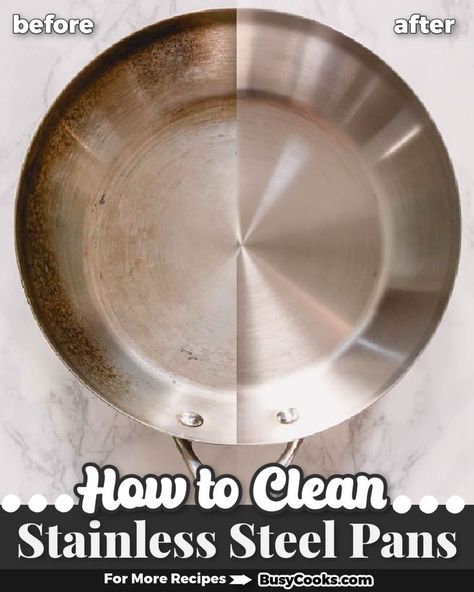 Here’s how to clean stainless steel pans and restore that flawless original shine in less than 5 minutes! Stainless Steel Pans Cleaning, How To Clean All Clad Cookware, Stainless Steel Pots And Pans Cleaning, How To Clean Stainless Steel Pans, Clean Stainless Steel Pans, Clean An Iron, Cleaning Pots And Pans, Cleaning Pans, Clean Stainless Steel