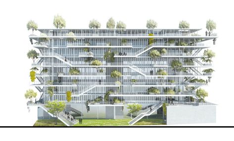 Image 5 of 22 from gallery of NL*A Reveals Plans for Open-Concept Green Office Building in France. Courtesy of Nicolas Laisné Associés Green Office Building, Green Architecture Concept, Architecture Elevation, Residential Building Design, European House Plans, Architectural Rendering, Beach House Plans, Green Office, Green Architecture