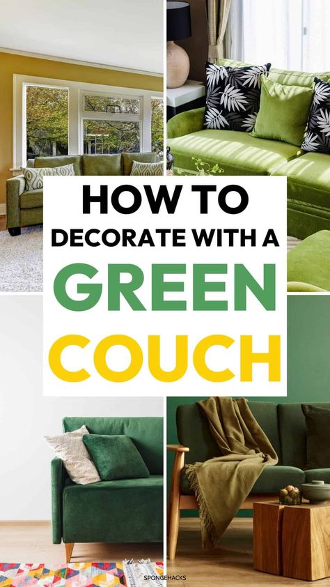 Decorate Your Living Room With a Green Couch Green Sofa Cottage Living Room, Rug For Green Sofa, Apple Green Sofa Living Room Ideas, Rooms With Green Sofas, Living Rooms With Green Couches, Lime Green Couch Living Room, Green Couch Living Room Aesthetic, Living Rooms With Green Sofas, Green Sofa Living Room Colour Schemes