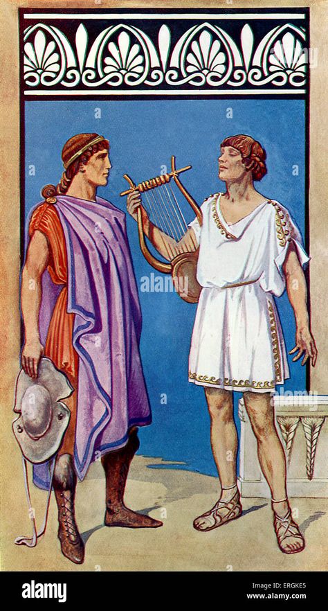 Download this stock image: Historical Greek fashion - crinkled chiton and chlamys. Example of male fashions worn in Greece, 450 BC. Herbert Norris artist died 1950 - may require copyright clearance - ERGKE5 from Alamy's library of millions of high resolution stock photos, illustrations and vectors. Chiton Greek, Ancient Greece Fashion, Greek Dress, Greece Fashion, Costume Fashion, Greek Fashion, Ancient Greece, Dnd Characters, Ancient Greek