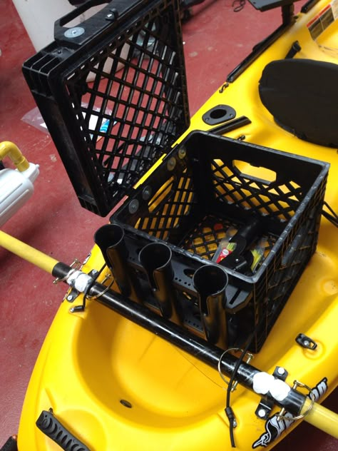 Carry Crate With Rod Holders For Kayak Kayak Crate, Kayak Diy, Kayak Mods, Kayak Equipment, Kayak Fishing Setup, Kayak Fishing Diy, Kayak Fishing Tips, Kayak Ideas, Kayak Fishing Accessories