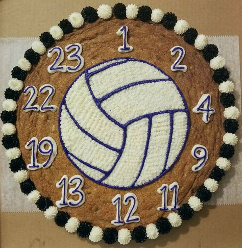 Volleyball cookie cake Volleyball Cookie Cake, Volleyball Dessert Ideas, Volleyball Cookies, Sport Cookies, Night Volleyball, Volleyball Birthday, Giant Cookie Cake, Giant Cookies, School Cupcakes