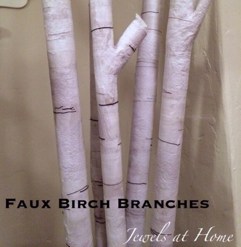 So cool!  Transform cardboard and paper into faux birch branches for a beautiful display | Jewels at Home Paper Mache Tree, Cardboard Tree, Birch Tree Decor, Branches Diy, Birch Logs, Birch Branches, Diy Tree, Faux Tree, Cardboard Tubes