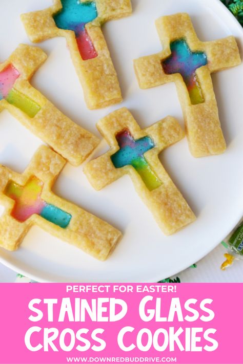 These easy-to-make, show-stopping Stained Glass Cross Cookies are the perfect addition to your Easter table! Stained Glass Cross Cookies | Stained Glass Cookies | Cross Cookies | Easter Cookies | Christian Cookies | Resurrection Sunday | Resurrection Sunday Cookies | Easter Dessert | Easter Food | Down Redbud Drive #crosscookies #stainedglasscookies #easterrecipe #baptism #resurrectionsunday Creative Easter Desserts, Easy Sweet Treats, Glass Cookies, Peeps Candy, Cross Cookies, Stained Glass Cross, Stained Glass Cookies, Sweet Treats Desserts, Glass Cross