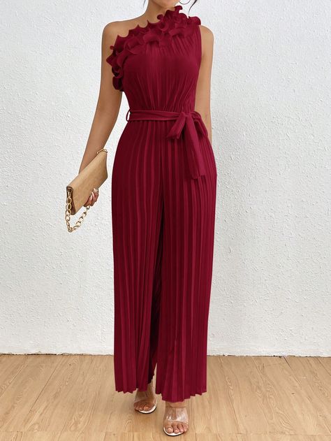 Women's Elegant Solid Color One Shoulder Pleated Jumpsuit, Summer Burgundy Elegant  Sleeveless Woven Fabric Plain Other Non-Stretch  Women Clothing, size features are:Bust: ,Length: ,Sleeve Length: Pleated Jumpsuit, Sleeveless Tops Summer, Baby Girl Summer, Backless Maxi Dresses, Womens Shoes High Heels, Boho Women, Wide Leg Jumpsuit, Kids Sleepwear, Inspiration Mode