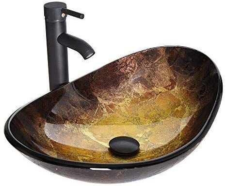 Amazon.com: Boat Shape Bathroom Artistic Glass Vessel Sink Free Oil Rubbed Bronze Faucet Chrome Pop-up Drain,Gold ingot: Home Improvement Oil Rubbed Bronze Faucet, Bowl Basin, Unique Sinks, Glass Basin, Black Faucet, Glass Vessel Sinks, Glass Sink, Circular Mirror, Vessel Sink Bathroom