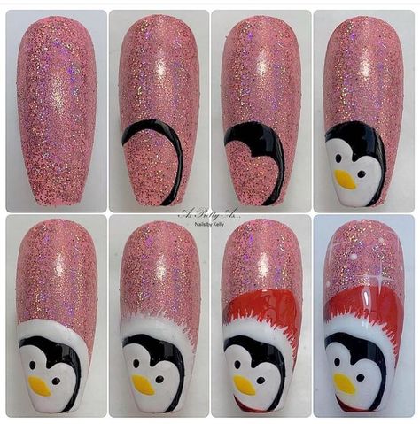 Penguin Nail Art, Penguin Nails, Xmas Nail Designs, Nail Art Noel, Christmas Nails Diy, Quick Nail Art, Xmas Nail Art, Fruit Nail Art, Cute Christmas Nails