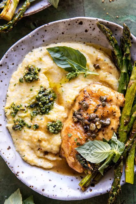 Lemon Butter Chicken Piccata with Pesto Polenta | halfbakedharvest.com Half Baked Harvest Recipes Healthy, Light Winter Dinner Recipes, Polenta Meals, Pesto Dinner Recipes, Half Baked Harvest Chicken, Pesto Polenta, Postpartum Meal, Half Baked Harvest Recipes, Fancy Dinners