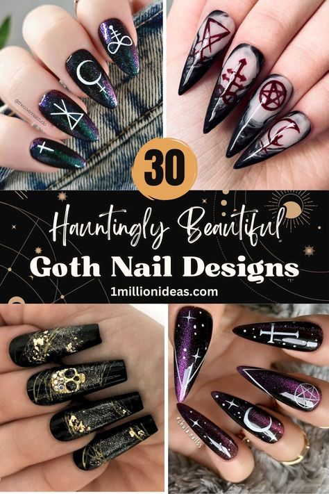 30 Hauntingly Beautiful Goth Nail Designs Witch Nails Acrylic Coffin, Goth Nails Acrylic Coffin, Coffin Witch Nails, Witches Nail Art, Witchy Nail Art Short Nails, Magical Nails Design, Black Nail Designs Witchy, Black Goth Nail Designs, Goth Gel Nail Designs