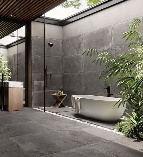 Inspired by the surface of nature, replicating color and movement. Checkout our Open Air porcelain tile collection online or in one of our showrooms. Nature Inspired Bathroom, Luxury Spa Bathroom, Home Spa Room, Open Bathroom, Tropical Interior, Modern Bathroom Tile, Natural Bathroom, Outdoor Bathrooms, Toilet Design