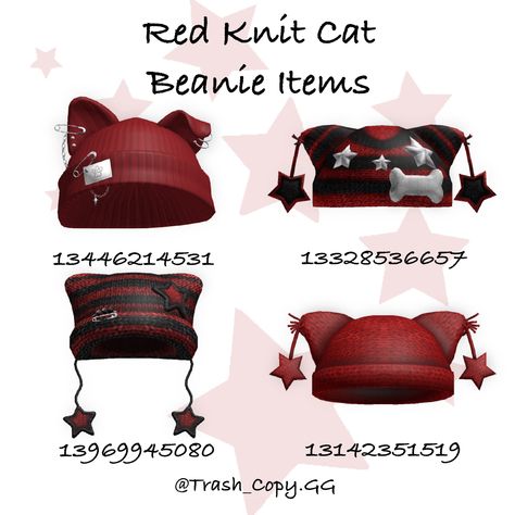 Brookhaven Outfit Codes Red, Red Id Codes Brookhaven, Red Headband Roblox Code, Roblox Red Bangs Codes, Brookhaven Id Codes Accessories Red, Roblox Items, Knit Cat, Cat Beanie, Roblox Guy