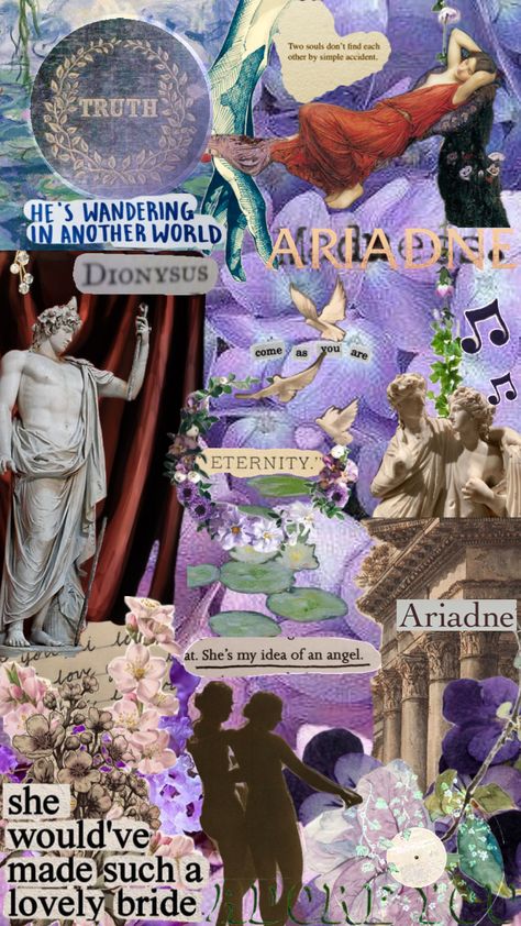 Oh to live a life of wine and madness #moodboard #collage #aesthetic #dionysus #ariadne #dionysusandariadne #love #lovers #gods #greekgods #greekgoddess #goddess #violet #madness Dionysus Aesthetic Wallpaper, Moodboard Collage, Mythology Books, Greek Mythology Humor, Pagan Gods, Future Wallpaper, Greek Gods And Goddesses, Greek Culture, Greek Mythology Art