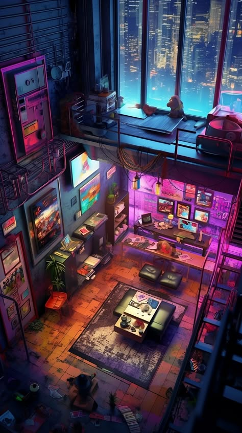 A very high-ceiling cyberpunk apartment with a mezzanine. This interior AI artwork is made with Midjourney. Cyberpunk House, Cyberpunk Apartment, Cyberpunk Interior, Cyberpunk Room, San Myshuno, New Retro Wave, Cyberpunk City, Arte Cyberpunk, Cyberpunk Aesthetic