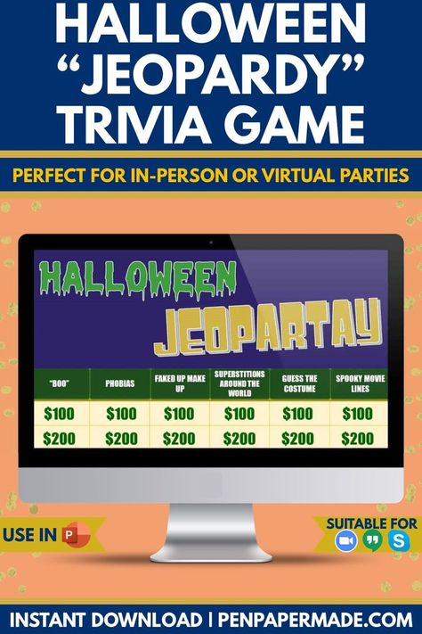 Halloween Jeopardy, Trivia Categories, Fun Halloween Party Games, Kids Questions, Jeopardy Game, Halloween Office, Interactive Powerpoint, Halloween Facts, Spooky Movies