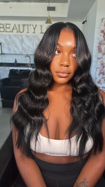 Middle Part Sew In Beach Waves, Middle Part With Beach Waves, Beach Waves Lace Wig, Beach Waves Frontal Wig, Beach Waves On Wig, Wig Beach Waves, Beach Wave Hair Black Women, Beach Waves Weave Black Women, Beach Waves Middle Part