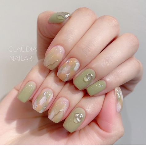 Nail Marble, Olive Nails, Green Nail Art, Asian Nails, Blue Acrylic Nails, Beauty Nails Design, Pretty Gel Nails, Really Cute Nails, Nail Art Designs Videos