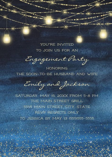 Navy Blue Engagement Party Decorations, Blue Engagement Party, Engagement Party Decorations, Engagement Party Invitations, Youre Invited, Engagement Party, String Lights, Blue Gold, Chalkboard Quote Art