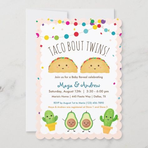 Taco bout Twins! Fiesta theme Twin Baby Reveal Invitation Zazzle Taco Bout Twins, Twin Baby Shower Theme, Twin Boys Baby Shower, Couples Baby Shower Invitations, Twins Baby Shower Invitations, Twin Baby Girls, Twin Shower, Couples Baby Showers, Fiesta Theme