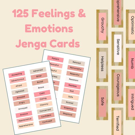 125 FEELINGS & EMOTIONS JENGA CARDS These 125 Feelings & Emotions Jenga Cards are super versatile! They're a wonderful resources to support children and adolescents developing emotional literacy and awareness.  Use them as a play therapy resource to support social and emotional development through play. Combine them with our Jenga Conversation Starter Cards to further explore the emotions your clients experience.  They're also a super fun and easy way to build rapport and strengthen relationships! Jenga Conversation Starter Cards are compatible for Avery 5161 template. PLEASE NOTE that as the size of the label is larger than the size of a Jenga block that you will need to trim the labels after printing.  * INSTANT DIGITAL DOWNLOAD * THIS IS A DIGITAL DOWNLOAD PRODUCT, WHICH MEANS NO PHYSIC Emotions Jenga, Family Conversation Cards, Social And Emotional Development, Emotional Literacy, Family Conversation, Emotions Cards, Jenga Blocks, Social Psychology, Conversation Cards