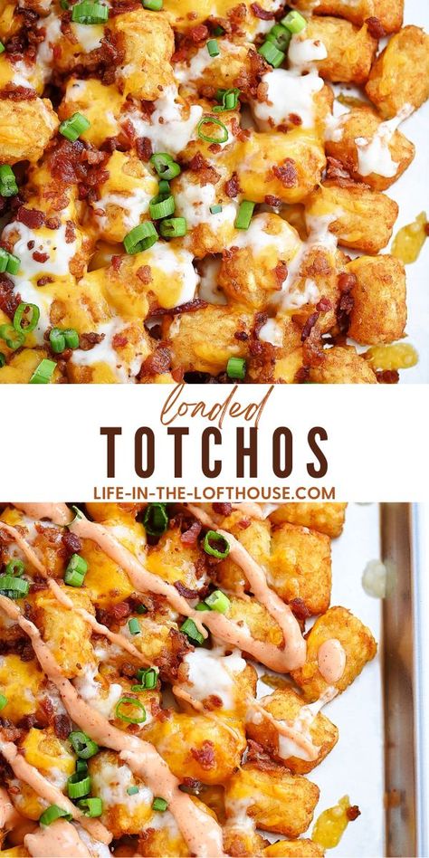 Loaded Totchos - Life In The Lofthouse Loaded Buffalo Tater Tots Recipes, Tator Tot Nachos Recipe, Loaded Tater Tot Nachos, Loaded Totchos Recipe, Lobster Tater Tots, Totchos Recipe Pioneer Woman, Tailgate Tater Tots, Chilli Cheese Tator Tots, Tator Tot Dinners