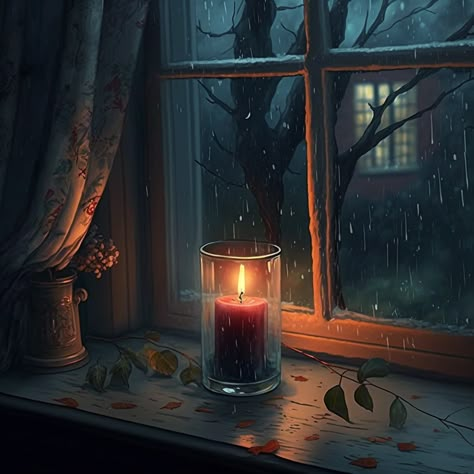 Rainy Day Anime Wallpaper, Rainy Background Drawing, Candle By Window, Rainy Christmas Aesthetic, Rainy Window Illustration, Rainy Day Illustration Art, Rainy Window Drawing, Rain Illustration Rainy Days, Rainy Window Painting