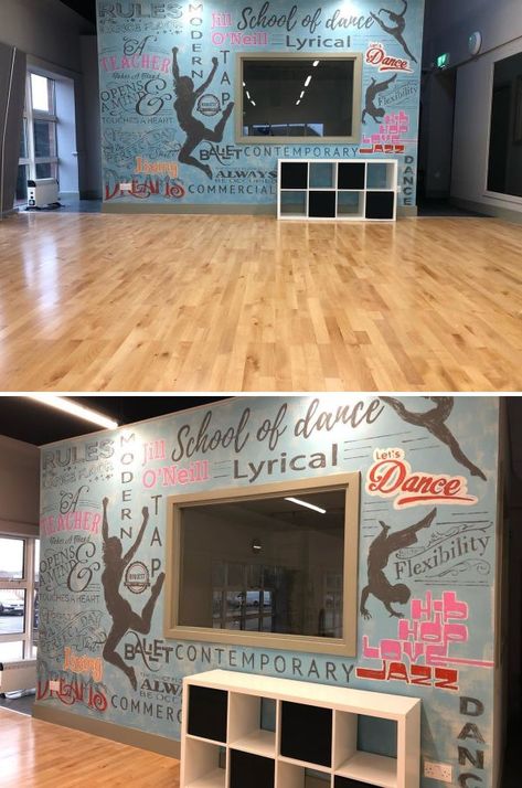 Dance School Interior, Dance Studio Wall Design, Dance Class Decoration Ideas, School Dance Room, Dance Studio Lobby, Dance Mural, Dance Classroom, Studio Pics, Dance Studio Design