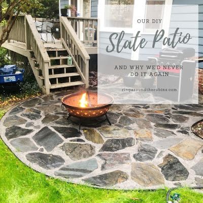 Ring Around The Rubins: Our DIY Slate Patio (and why we'd never do this again!) Diy Rock Patio Ideas, Stone Patios For Small Spaces, Brick And Slate Patio, Slate Rock Patio, Backyard Slate Patio Ideas, Diy Slate Projects, Slate Rock Landscaping, Slate Stone Patio, Diy Slate Patio