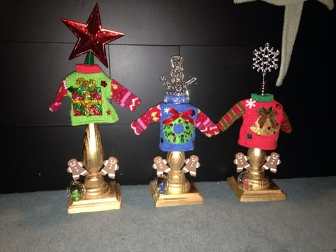 Ugly Sweater Trophies Ugly Christmas Sweater Party Awards, Ugly Christmas Sweater Trophy Diy, Ugly Sweater Prizes, Ugly Sweater Trophy Diy, Christmas Trophy Ideas, Repurposed Trophies, Ugly Sweater Contest Prizes, Ugly Sweater Christmas Party Ideas, Ugly Christmas Sweater Awards