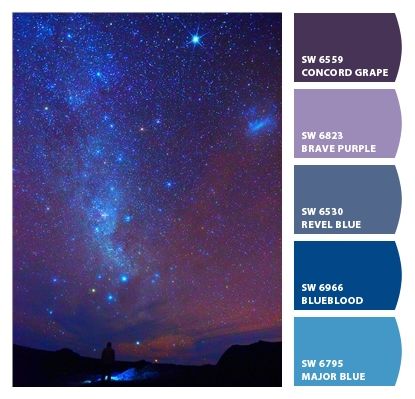 blues deep purples violets starry nighttime monochromatic saturated boys bedroom Paint colors from #ChipIt by #SherwinWilliams Boys Bedroom Paint Color, Galaxy Room, Bedroom Purple, Color Schemes Colour Palettes, Bedroom Remodel, Bedroom Color, Bedroom Color Schemes, Bedroom Paint Colors, Bedroom Paint