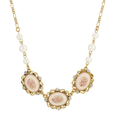 PRICES MAY VARY. Three Porcelain Oval Pink Stitch Pattern Roses Accented With Crystals Measurements: 16" L x 3.5" W x 0.83" H 3-Inch Extension Chain Made in USA This necklace combines vintage and lux styles into one. Featuring three oval quilted stitched pattern pink roses on porcelain and surrounded by filigree and clear crystals. The necklace also comes with a Faux Pearls on the figaro chain. Dipped in 14k gold for an extra touch of lux and comes with a 3 inch extension chain with 1928 logo ta 1800s Jewelry, Rose Costume, Mom Fits, Porcelain Necklace, White Costume, Pink Porcelain, Pearl Collar, Pink Stitch, Princess Jewelry